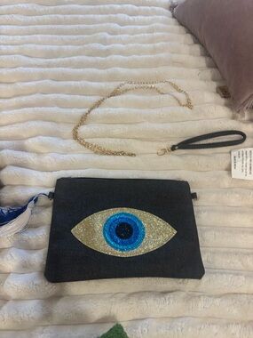Black Glitter Evil Eye Clutch Bag with Blue Accent